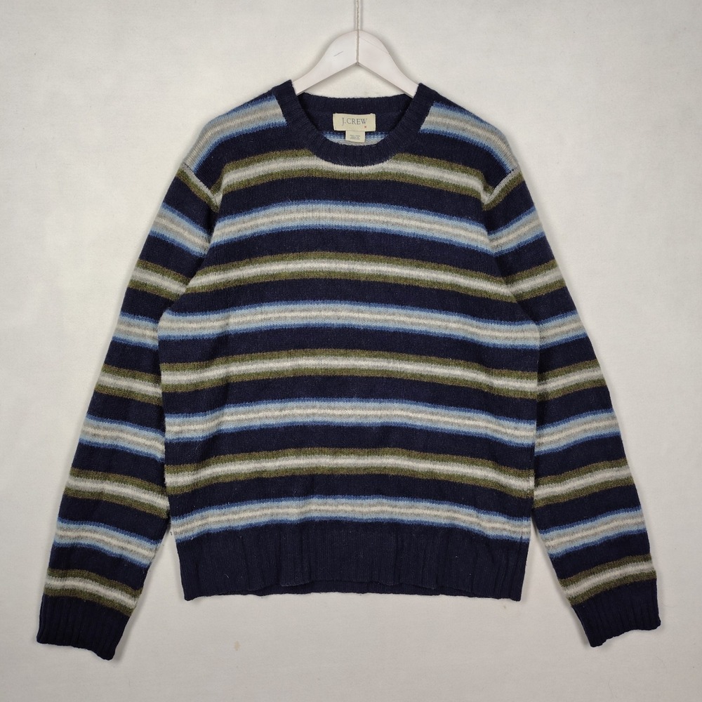 J.Crew Mens 100% Wool Striped Crew Neck Sweater Navy Blue Green Size M